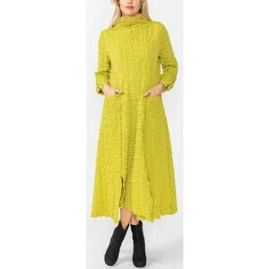 IC Collection Lime Mock Neck Shirred Front Slit Uneven Hem Maxi Dress Womens XS